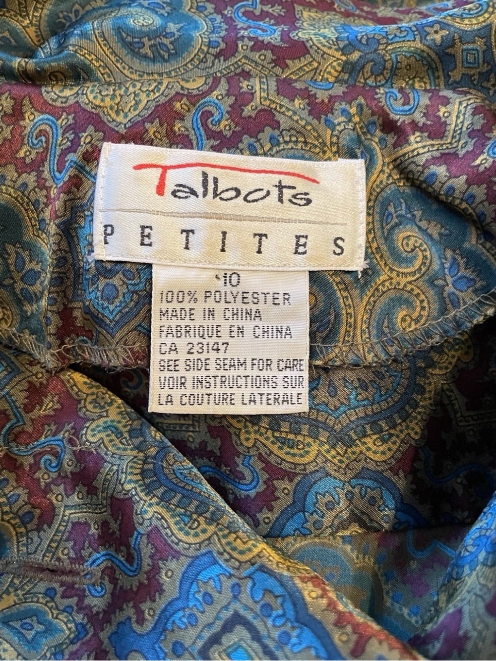 Vintage Talbots Paisley Satin Finish Pleated Midi Dress Belted Blue Petite 10 - Picture 9 of 11